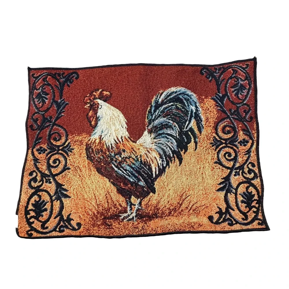 Vtg Farmhouse Rooster Woven Tapestry Place Mat Rustic Kitchen Decor 17.5x12.5